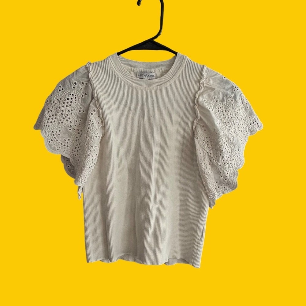 Lucy Paris Cream Ribbed Knit Eyelet Lace Butterfly Sleeve Top Large